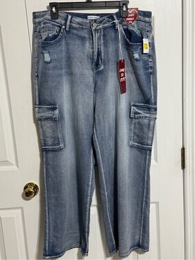 Seeking Sunsets Wide Leg Cargo Denim Jumpsuit Pants - Light Blue